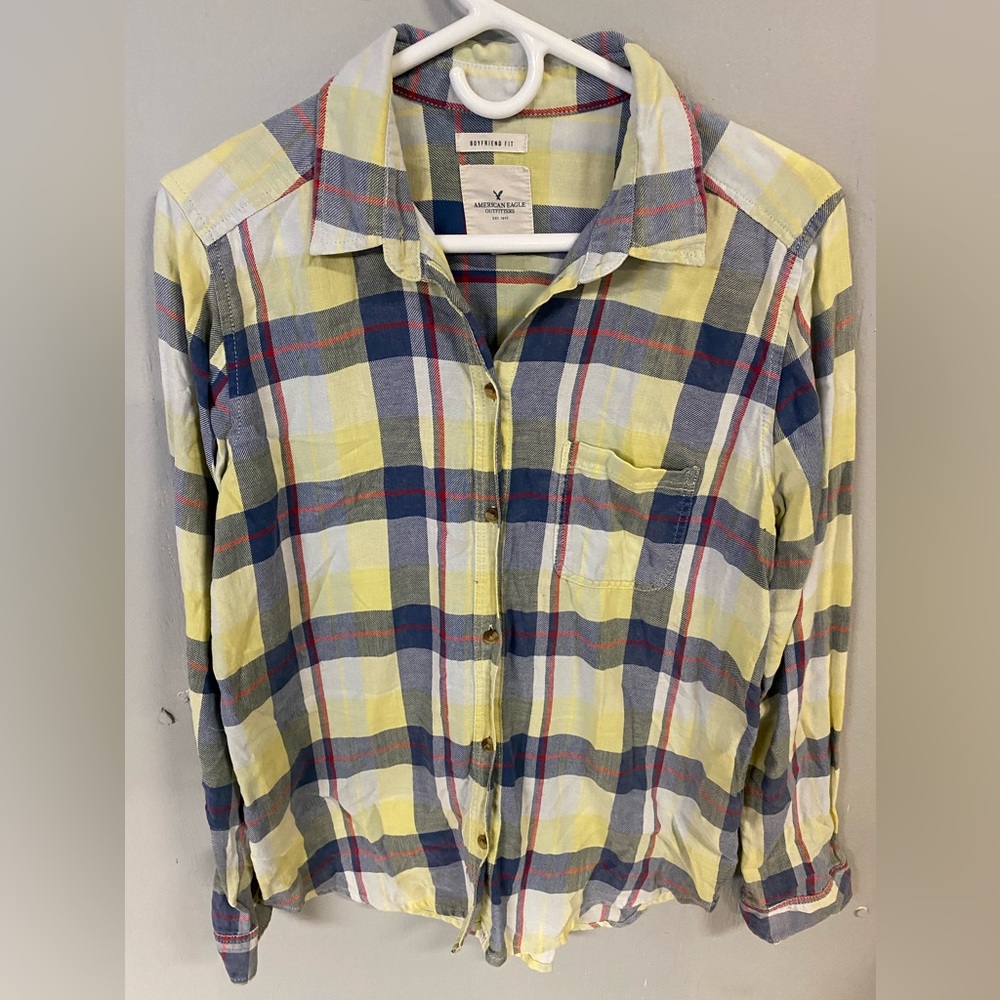 American Eagle Women Yellow Navy & Red Plaid Button-Down boyfriend fit shirt